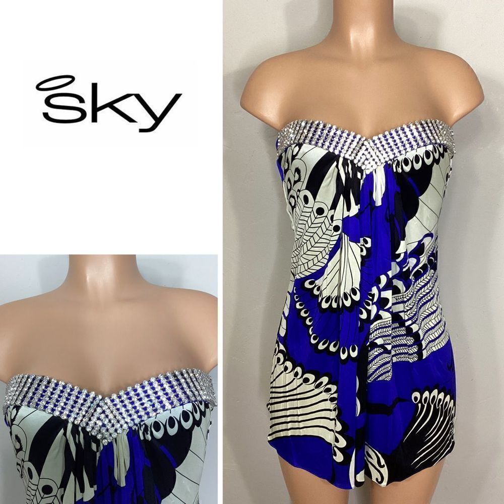 New. SKY blue diamond jeweled 100% silk mini dress. Normally $228